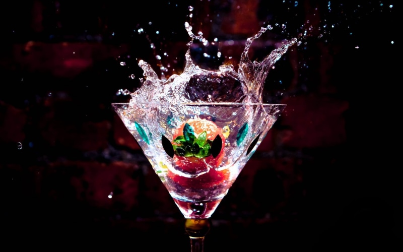 freshness, cocktail, indoors, spray, drop, water, juice, martini, abstract, food, close-up, liquid, wet, ice, white, household equipment, food And Drink