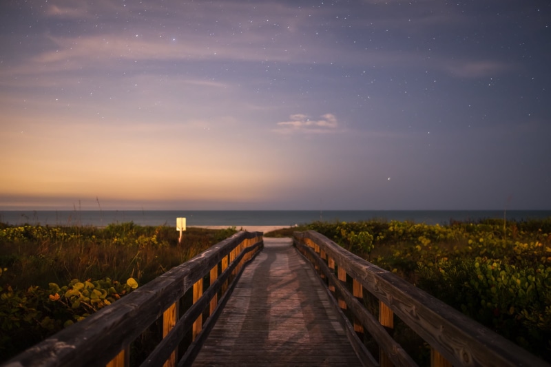 calm, seascape, xpro2, photograph, florida, walkway, outdoor, depth, Path, United States, beach, wood, long exposure, black, usa, night, stars, geotagged  photo