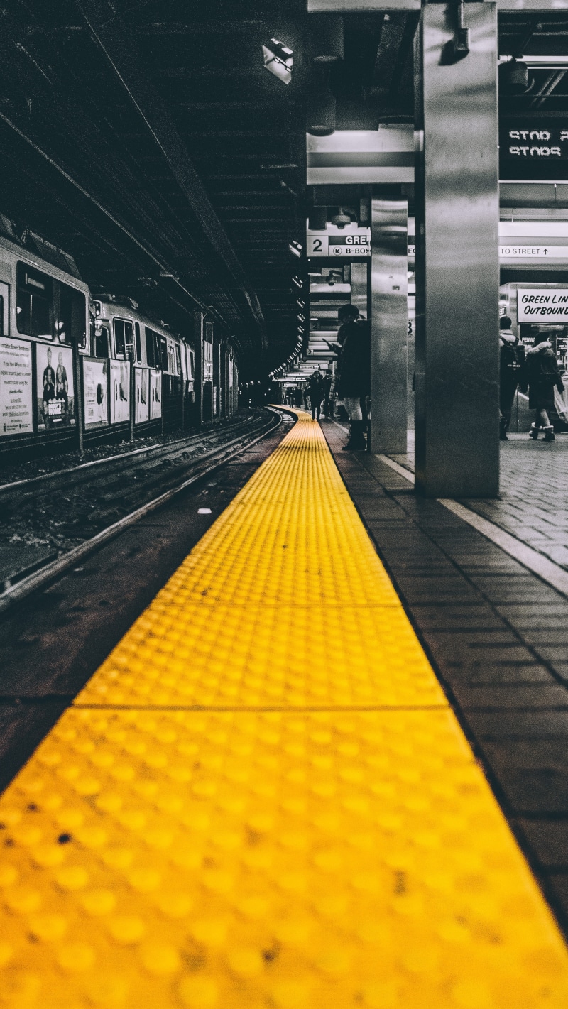 platform, underground, rail, non slip surface, train - vehicle, 5K, selective, direction, selective focus, gritty, color, travel, incidental people, urban