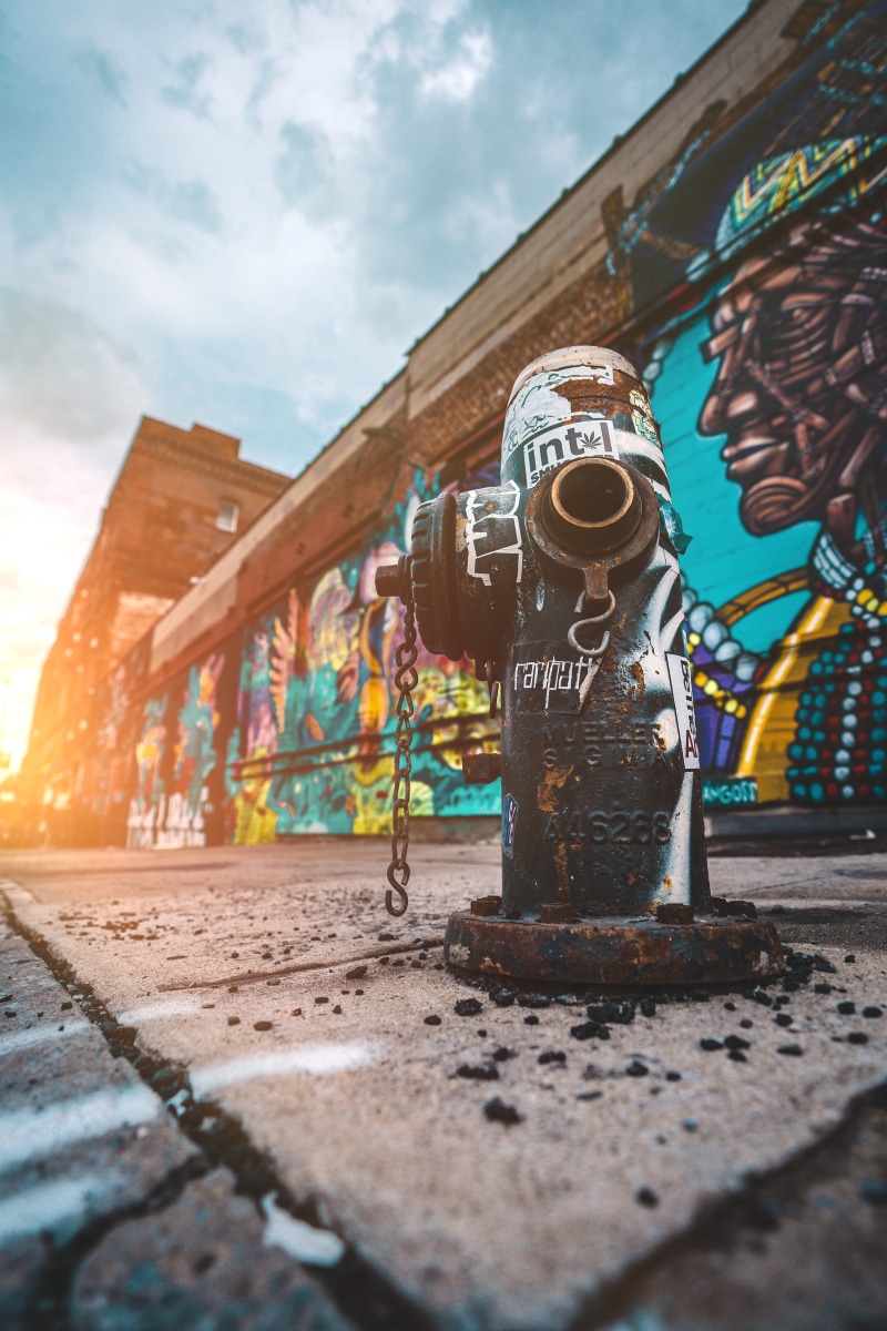 gritty, rusty, pavement, factory, metal, hydrant, graffiti, sidewalk, fire hydrant, 5K, no People, famous Place, architecture, builidng, construction Industry