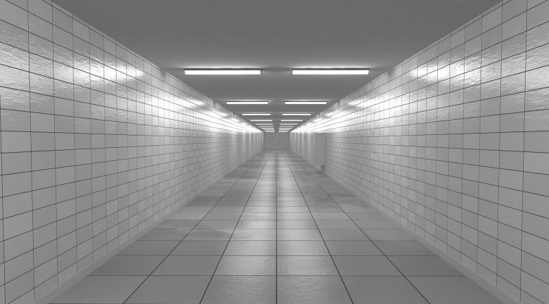 flooring, 4K, underground walkway, illuminated, long, black and white, light, reflection, building, arcade, transportation, empty, indoors, no people