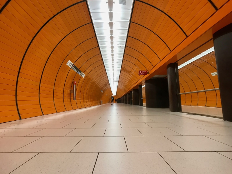 station, diminishing perspective, munich, subway station, flooring, underpass, abstract, lines, bavaria, underground walkway, the way forward, orange, indoors