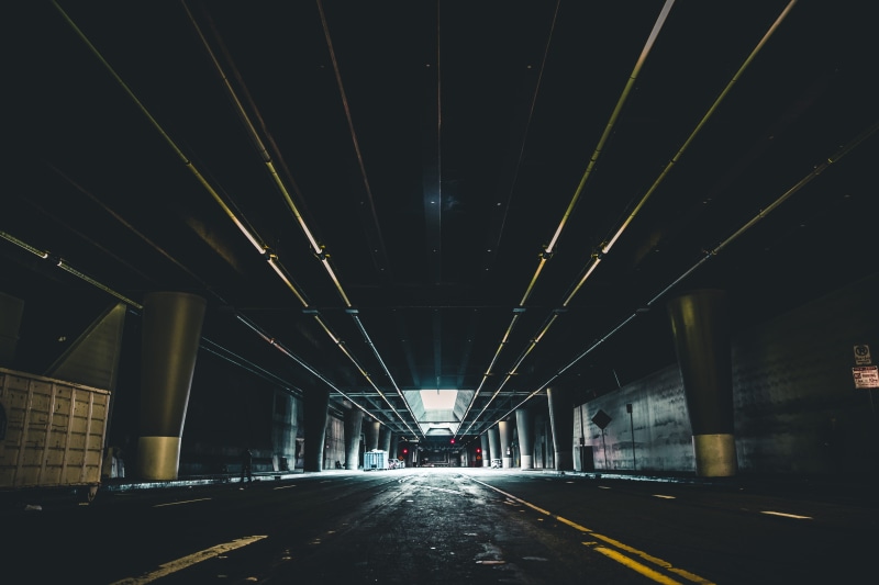 neon, 5K, transportation, concrete, light, night, no people, sign, surface level, city, downtown, los angele, light at the end of the tunnel, empty, black