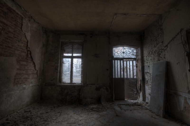 broken, bunker, messy, wall, door, run-down, window, slate, no people, crypt, day, dirty, room, flagstone, dust, abandoned, obsolete, corridor, architecture