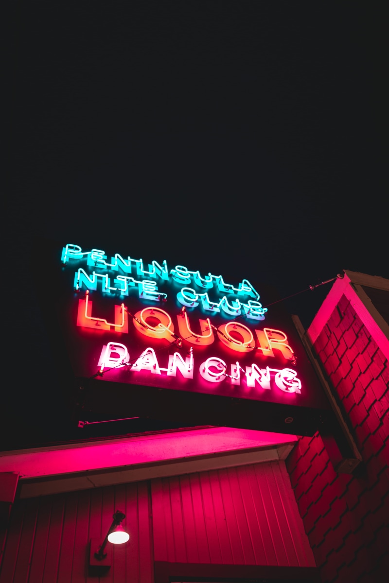 bright, light, copy space, no people, signage, multi colored, neon, 5K, dancing, built structure, sign, western script, coat, modern, liquor, blue, lighting equipment