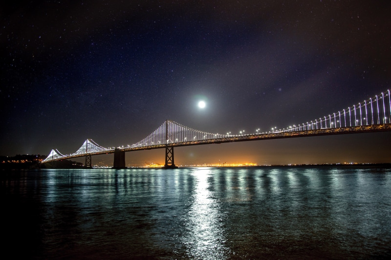 Moon, Stars, transportation, city, manhattan Bridge, brooklyn - New York, 5K, downtown District, United States, suspension Bridge, astrophotography, bay