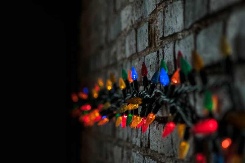 cultures, city, brick wall, night, architecture, dark, illuminated, wall - building feature, graffiti, photography, fairy light, 5K, tilt, shallow, building