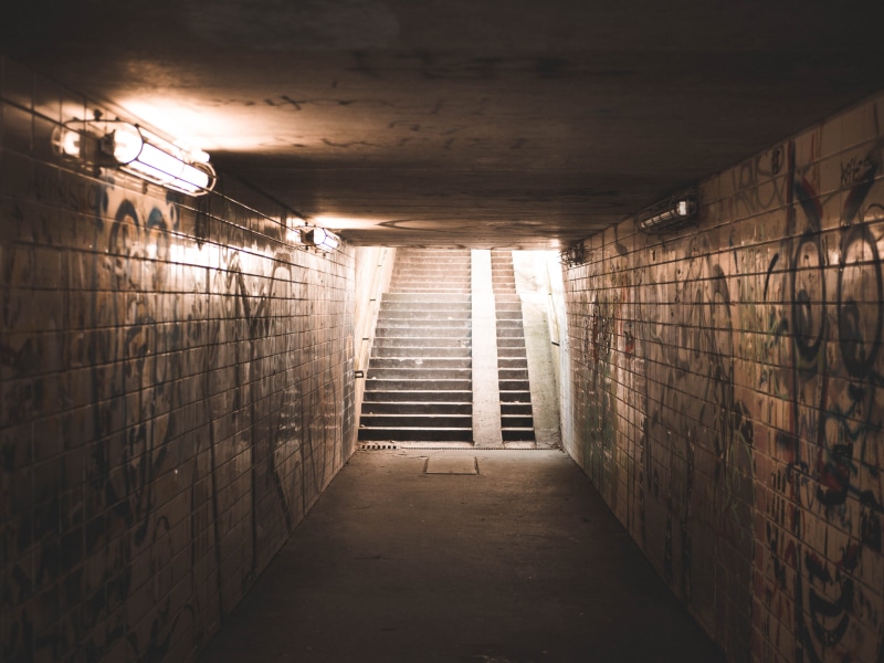 photo, dark, prison, landscape, brick wall, illuminated, wall - building feature, empty, flooring, architecture, pavement, stairs, underpass, concrete
