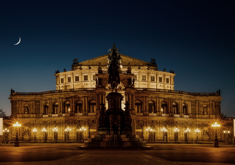 building exterior, gottfried semper, court and state opera, romantic, river, romance, roof, brown, churches, at night, construction art, sculpture, night