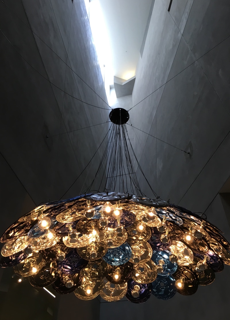 directly below, ceiling, indoors, two, blue, celebration, cable, chandelier, no people, architecture, walls, nature, orange, decoration, yellow, glowing