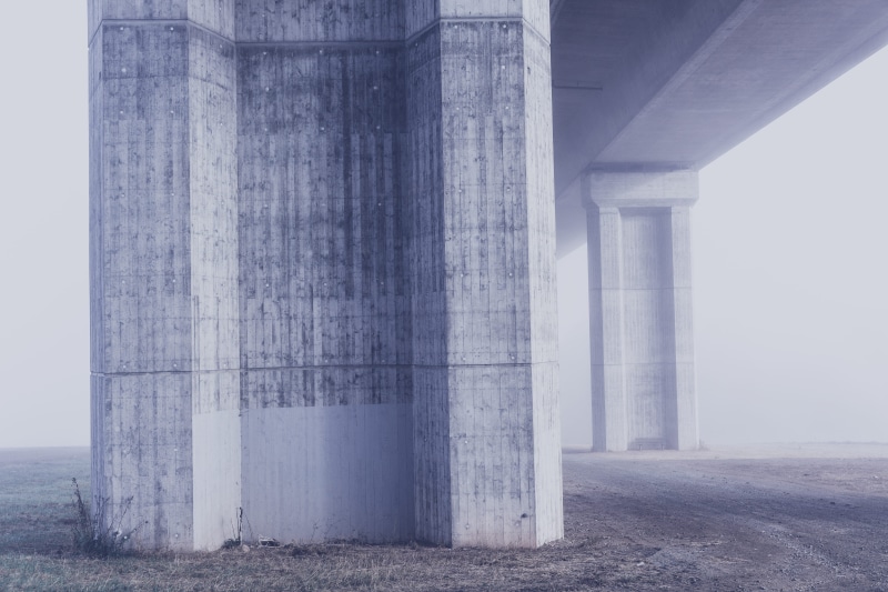 dawn, bridge - man made structure, road, city, column, bridge, in a row, built structure, fog, foggy, support, vintage, white, motorway, day, building