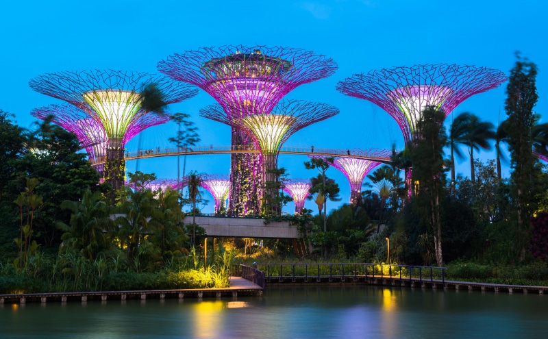 sky, Downtown, Cityscape, Park, supertree, tourism, bay, Destination, purple, brown, visit, illuminated, blue, Modern, Singapore, Amazing, gardens, 5K