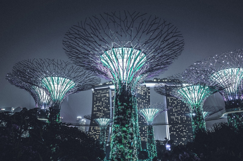 ferris wheel, gardens By The Bay, arts culture and entertainment, asia, light, travel destinations, illuminated, lighting Equipment, no people, skyscraper