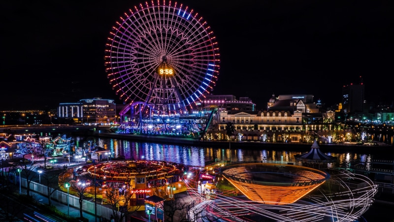 asia, theme park, cosmo clock 21, landmark, 4K, rides, amusement park, tourist attraction, night, cosmo world, city lights, lights, yokohama, long-exposure photography