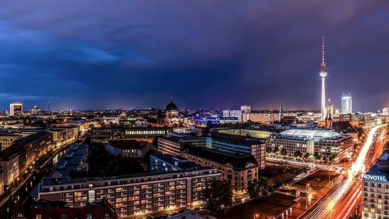 building exterior, tourism, antenna, street, tower, night, space, building, needle, Berlin, cathedral, no people, outdoors, office building exterior, Germany