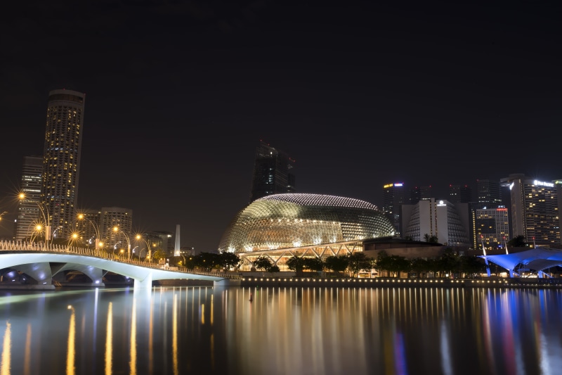 Esplanade Theatre, bridge, mbs, water, asia, reflection, low  light, night, famous Place, long  exposure, nikon  d800, urban Skyline, Esplanade  Theatre