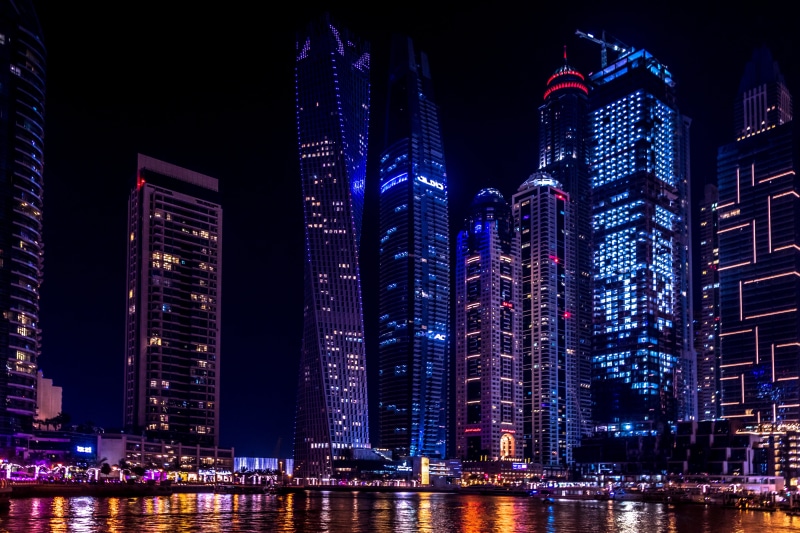 marina, dubai, lights, no people, Dubai Marina, nighttime, 5K, illuminated, downtown district, twisted, buildings, building, cityscape, residential district