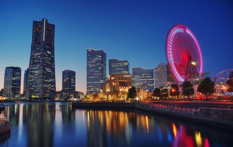 ク, waterfront, asia, famous Place, blue hour, downtown, serene, cityscape, wet, Yokohama  Japan, Quality, architecture, city, Ferris Wheel, skyline, night