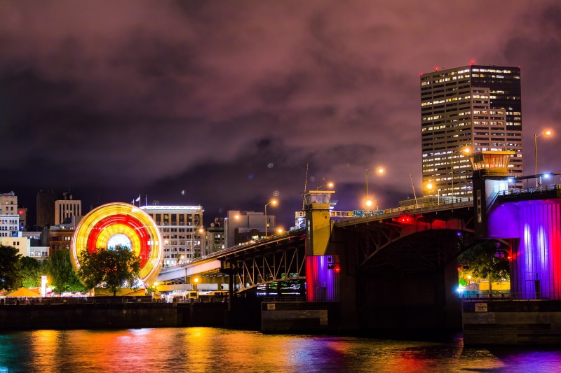 nature, long exposure, street, river, reflection, night, lights, bridge, travel, Portland, connection, city, ferris wheel, tall, downtown, evening, cityscape