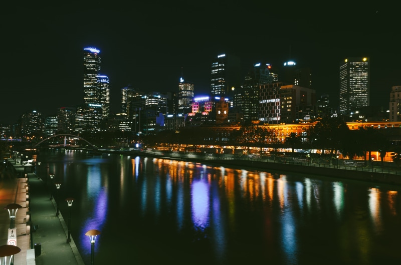 modern, travel destinations, skyscraper, building, lights, near, nightlife, illuminated, built structure, river, rise, urban skyline, nature, outdoors