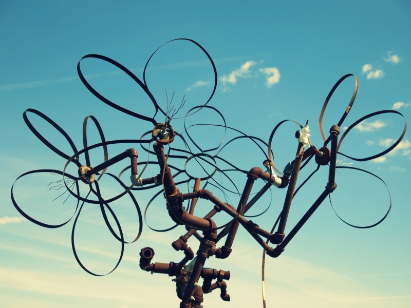 blue, metal, low angle view, electricity, lighting equipment, focus on foreground, no people, technology, 2K, close-up, artwork, cloud - sky, outdoors