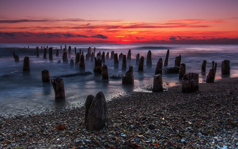 mobile, sea, beach, pc, remnants, coast, dark, clouds, sky, wooden, sunset, red, platform, pillars, tablet, beautiful, 1080P, horizon