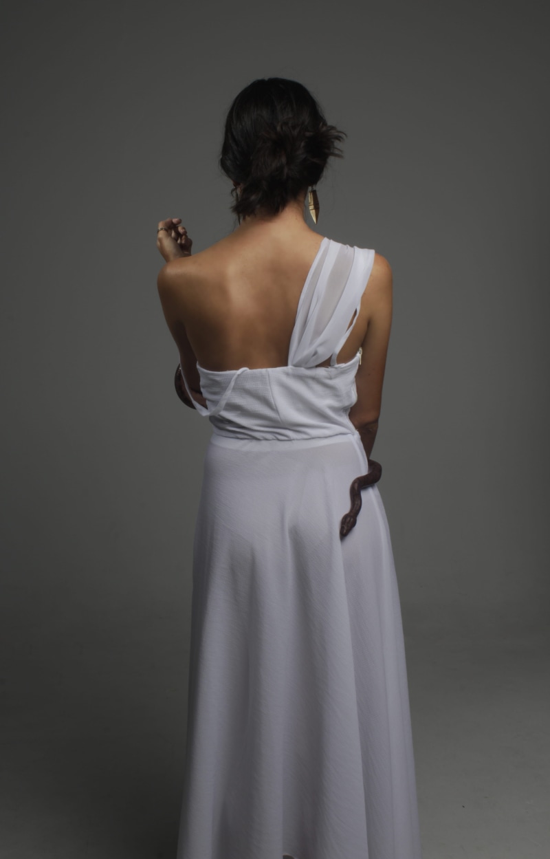 earring, real people, photo session, studio shot, elegant, rear view, shoulder, women, wear, hair bun, young adult, indoors, teenager, human back, skin