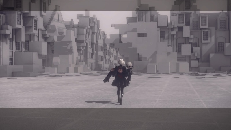 city life, building exterior, lifestyles, chairs, rectangular, wooden, walking, table, 1080P, architecture, Nier: Automata, NieR, day, one person, nature