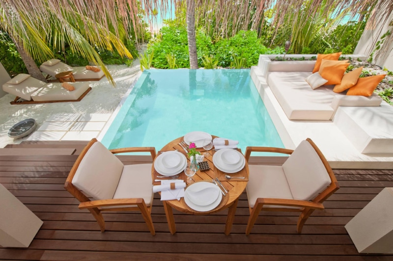 dining, luxury, beach, table-for-two, brown, breakfast, sand, jacuzzi, chairs, dine, pool, piece, private, tropical, villa, south-pacific, table, resort