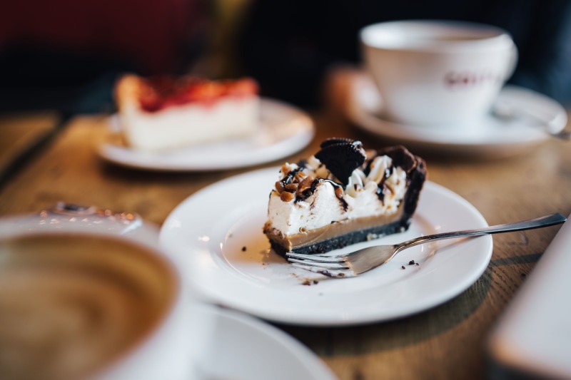 freshness, food and drink, sweet food, indoor, sweet, fork, tea cup, cup, hot drink, kitchen utensil, table, cafe, breakfast, indulgence, cup of coffee