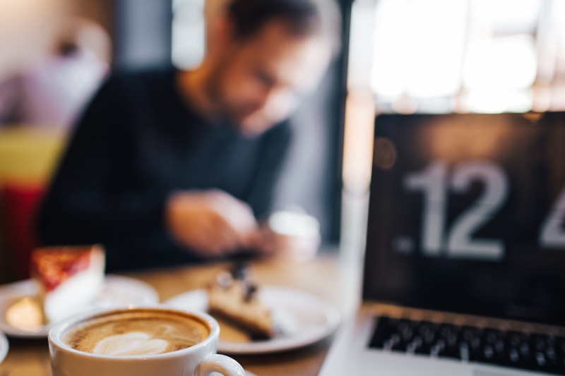 coffee shop, connection, cup, wireless technology, technology, cafe, cup of coffee, meeting, coffee - drink, 4K, restaurant, adult, table, latte, using laptop