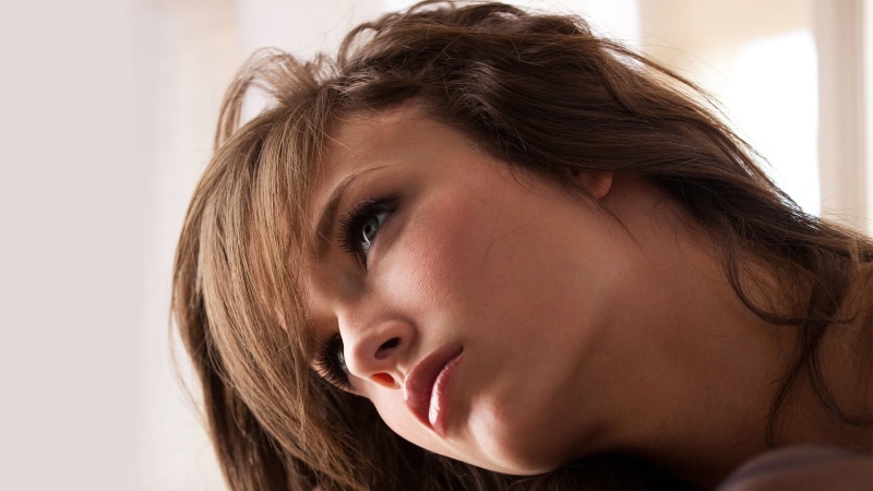 hair, emotion, human body part, long hair, close-up, beauty, lips, one person, adult, contemplation, brown hair, portrait, hairstyle, body part, indoors