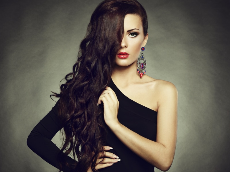 Red, Lips, Long, Black, Fashion, Shoulder, 2K, Girl, Earrings, Dress, Makeup, Hair