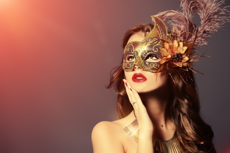 beautiful woman, indoors, hand, 5K, glamour, mask - disguise, young adult, floral, fashion, young women, lipstick, studio shot, women, gold, headdress
