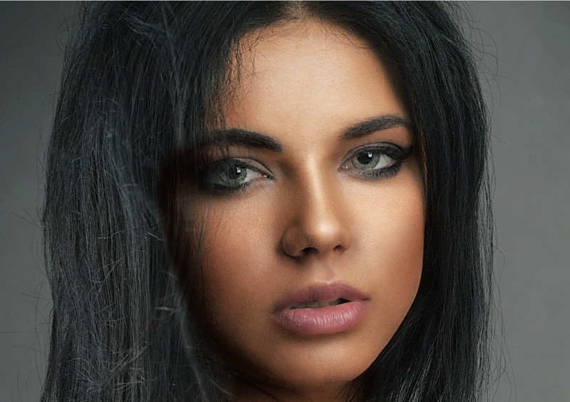 headshot, make-up, woman, eyes, portrait, black hair, ms, eyeliner, front view, face, beautiful woman, girl, hair, eyeshadow, studio shot, 1080P, hairstyle