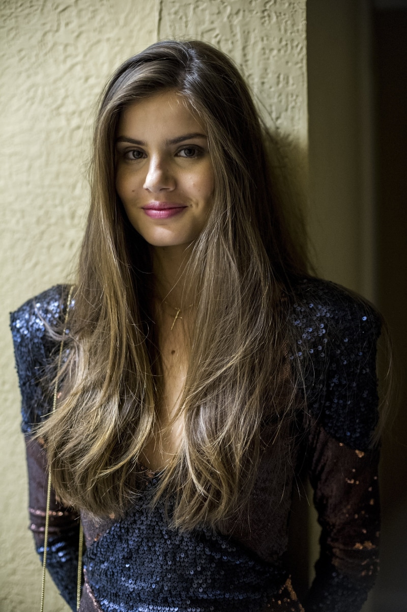 long, brown eyes, real people, brunette, blue dress, sleeved, young women, looking at camera, top, long hair, dress, lifestyles, portrait, young adult