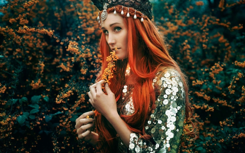 females, women, season, multi Colored, beauty In Nature, woman, sequined, face, looking at viewer, park - Man Made Space, blue eyes, pearls, fun, leaves