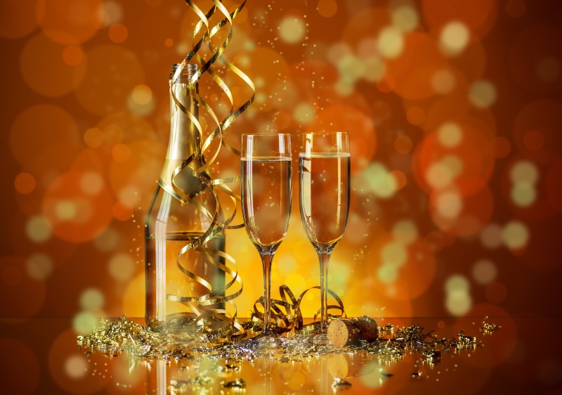 food and drink, selective focus, close-up, table, anniversary, two, bottle, christmas decoration, alcohol, refreshment, glasses, wineglass, glitter, bright