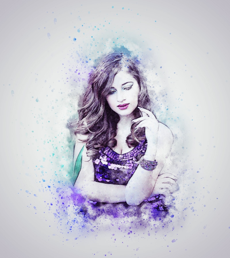 brown, young adult, teenager, wearing, violet, 2K, aquarelle, decoration, splashing, front view, romantic, blond hair, clothing, paint splatter, indoors