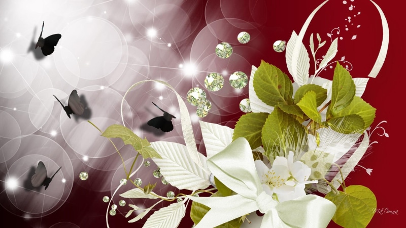 bouquet, flowers, leaves, papillon, glow, ribbons, fleurs, diamonds, 1080P, ribbon, bokeh, sparkle, feather, butterflies