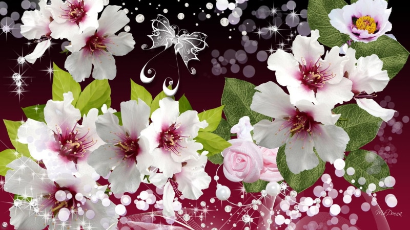 sparkle, flowers, purple, butterflies, bokeh, shine, spring, luxurious, white, white floral, bright, floral, summer, 1080P, glow, natu