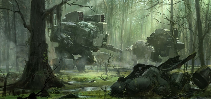 clothing, architecture, 720P, tree, tree trunk, weapon, art and craft, outdoors, land, online, day, representation, mech, forest, mecha, no people, nature
