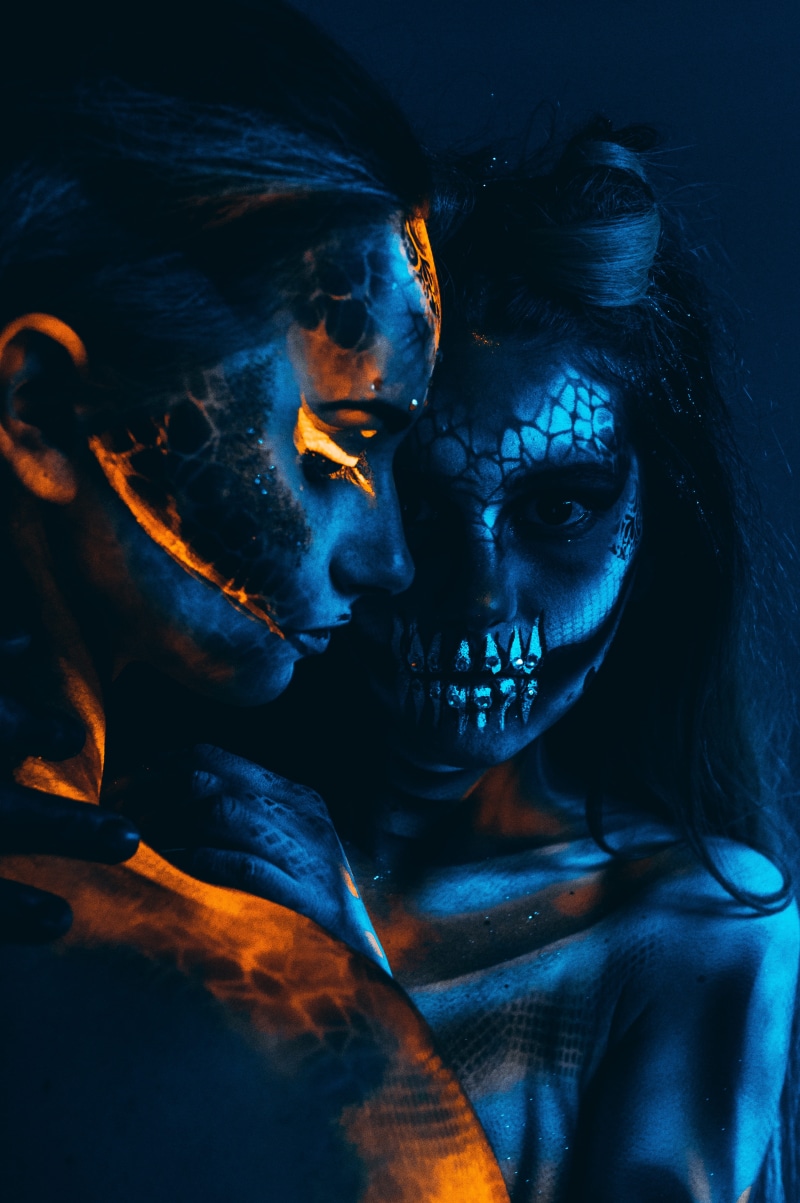 fantasy, neon light, night, people, dark, fear, hell, 5K, portrait, men, blood, ii, model, face Paint, uv, human Face, blue, demon, avatar, females, women