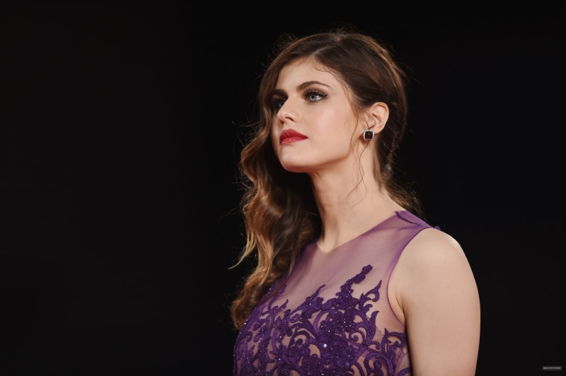 long hair, purple, black background, looking away, front view, young women, model, Alexandra Daddario, studio shot, young adult, adult, face, copy space