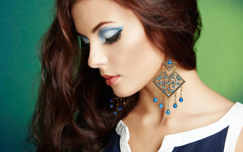 earrings, gold, Beautiful, s, Girl, Perfect, Fashion, Portrait, 1080P, Makeup, blue, women, hanging