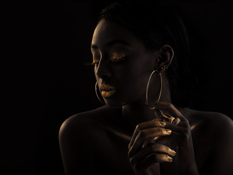 mulatto, dark girl, black, black background, makeup, 1080P, model, portrait, gold