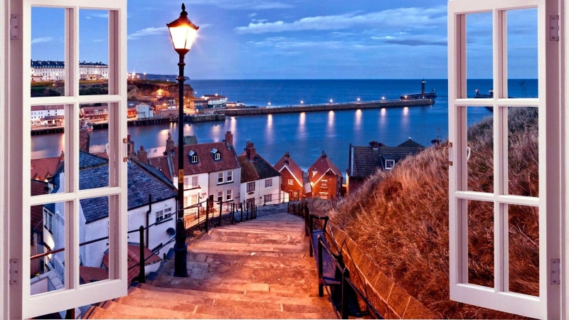 street light, window, 1080P, whitby, europe, panorama, view, stairs, united kingdom