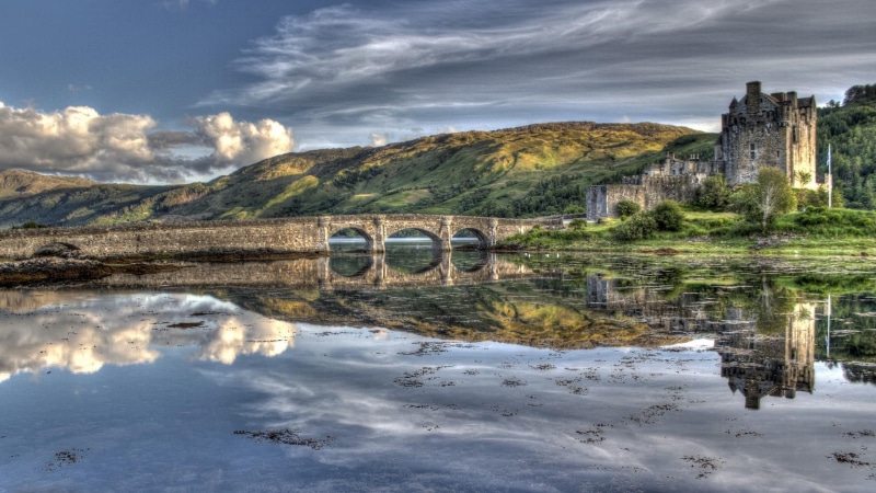 outdoors, the past, eilean donan castle, no people, environment, nature, arch bridge, castle, travel destinations, connection, dornie, mountain, historical