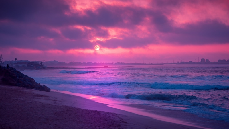 Ocean, Earth, Sunset, Beach, Purple, 4K