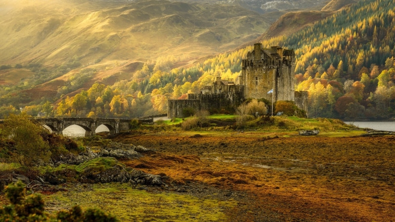 1080P, no people, Scotland, architecture, ancient, surrounded, the Eilean Donan castle, arch, day, outdoors, built structure, building, autumn, travel destinations